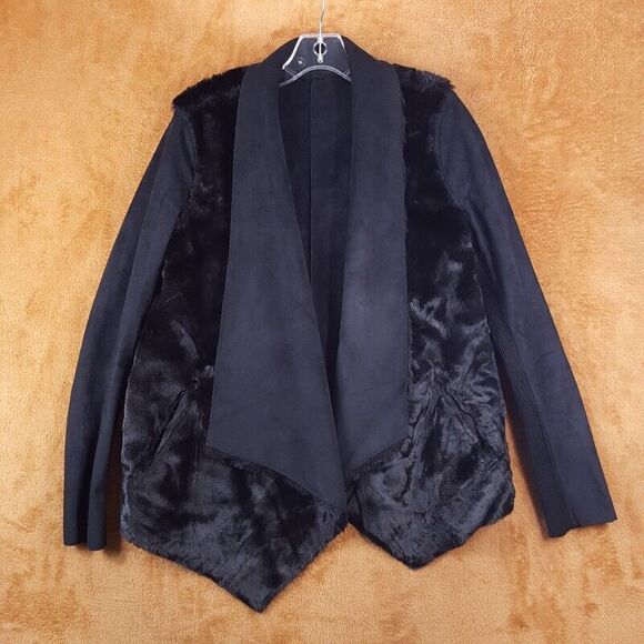 THE KOOPLES Coat Womens Size 2 Black Faux Fur Reversible Open Sueded Jacket - Picture 1 of 10